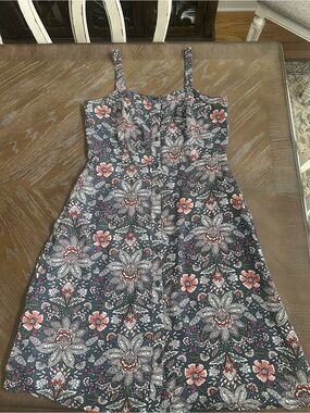 Loft Floral Print Spaghetti Strap Dress - Gray with Pink Flowers
